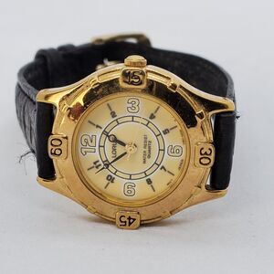 VTG Lorus Watch Women‎ 28MM Gold Dial Black Leather Bands Up to 6.5" New Battery
